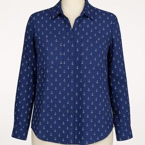Express Portofino Shirt Womens Navy Anchor Print Button Long Sleeve M Career
